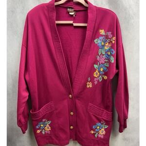 Vintage Linda Lori New York Vibrant Hot Pink Jersey Knit Floral Cardigan M/L